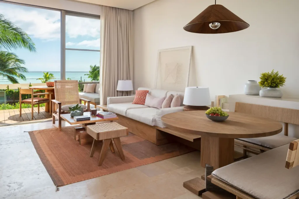 The sitting area of a rooftop ocean-view suite