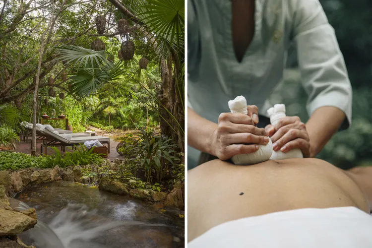 From left: A cenote-side sitting area at the spa; a massage treatment.